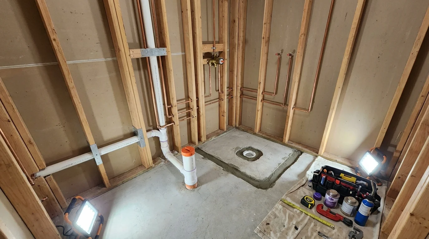 Bathroom rough-in plumbing during remodel by Johns Plumbing LLC in Akron