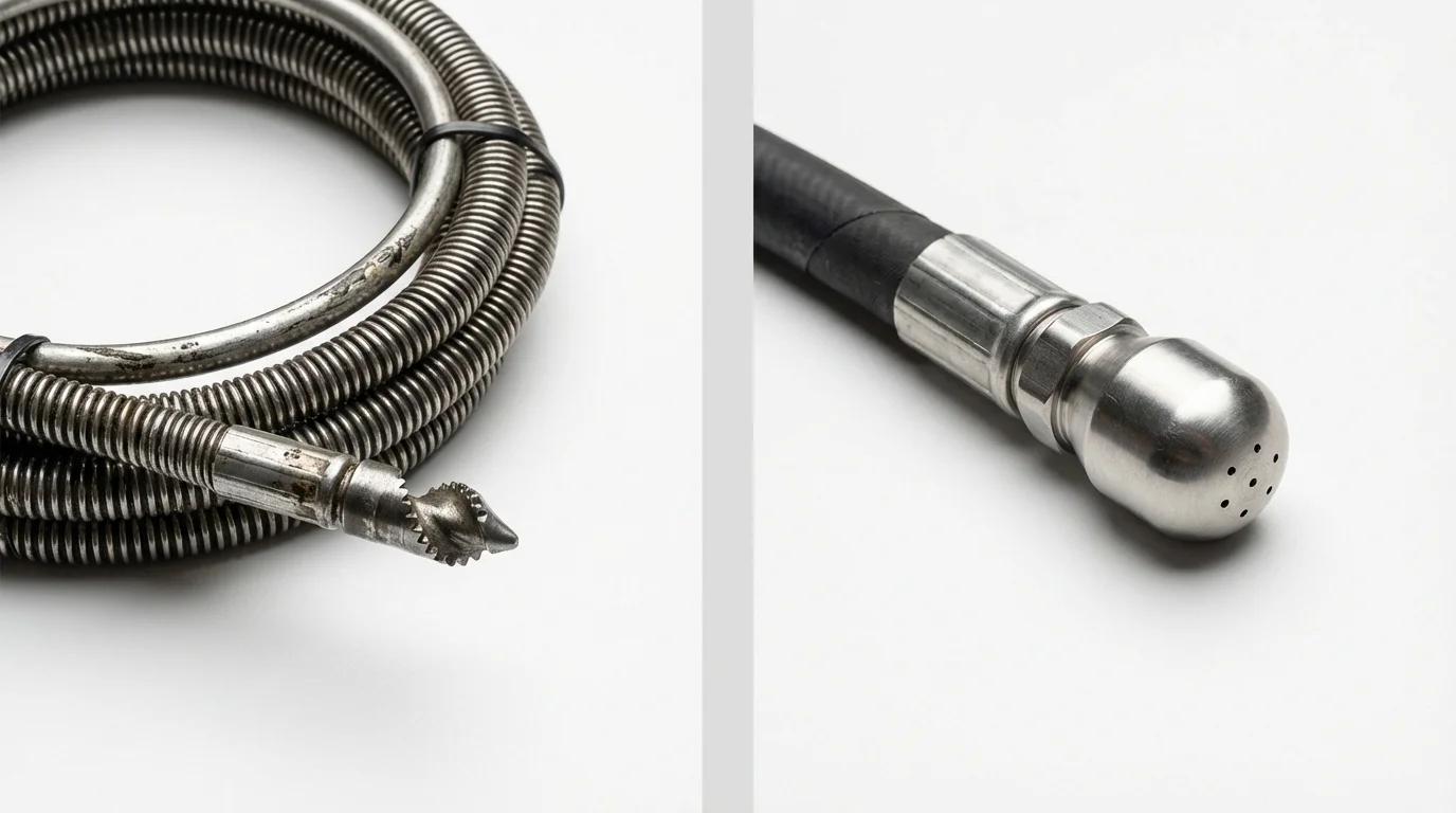 Drain snake cable and hydro jetting nozzle used for drain cleaning in Akron, NY