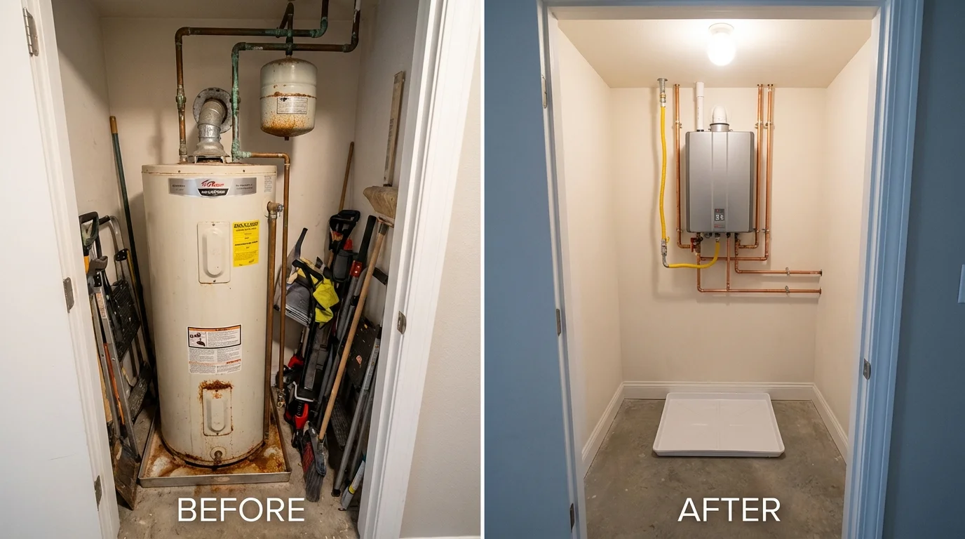 Tank water heater versus wall-mounted tankless unit comparison for Akron, NY homeowners