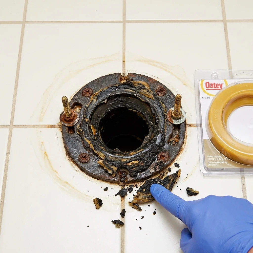 Failed wax ring showing water seepage at the base of a toilet in a Akron, NY home